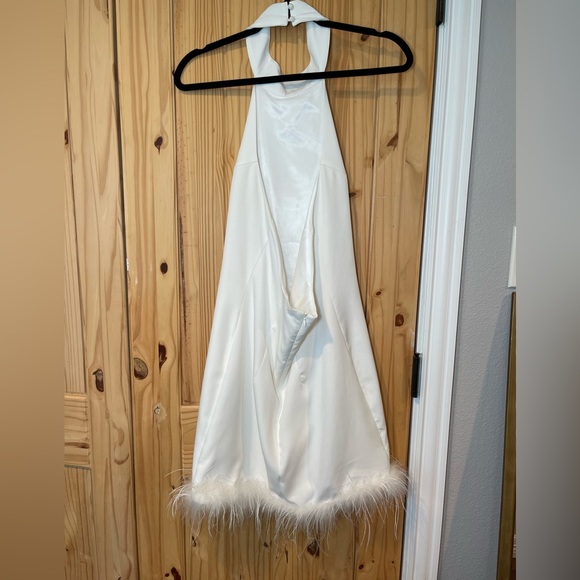 SHEIN BAE Fuzzy Trim Halter Neck Dress White - Picture 8 of 11